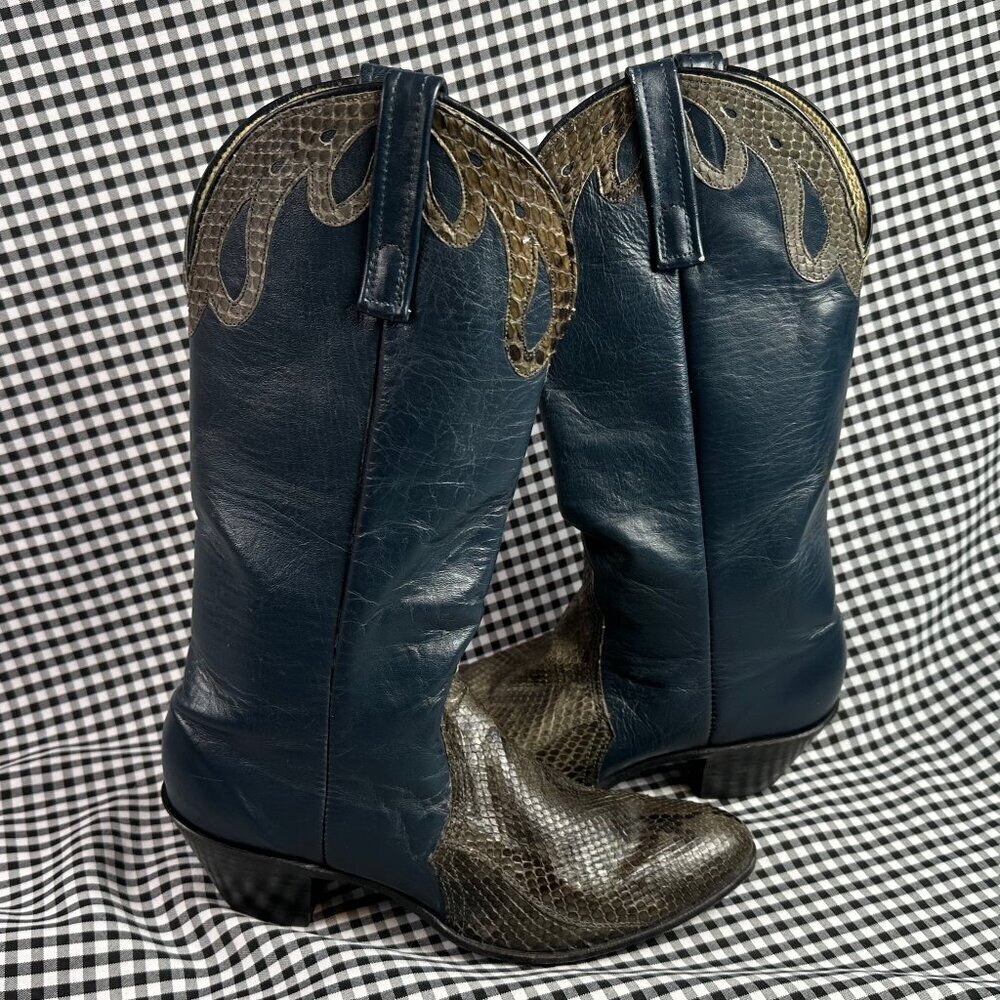 Nocona Vintage Teal Blue Snakeskin Western Cowgirl Cowboy Boots Women's 6.5